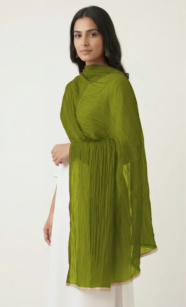 Olive_Green_Chiffon_Crinkled_Lace_Trim_Dupatta_For_Women