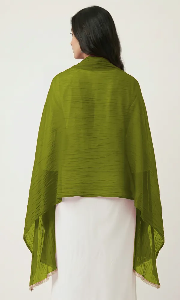 Olive_Green_Chiffon_Crinkled_Lace_Trim_Dupatta_For_Women