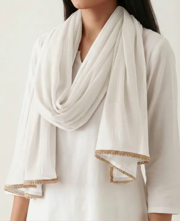 White_Chiffon_Embellished_Gold_Trim_Dupatta_For_Women