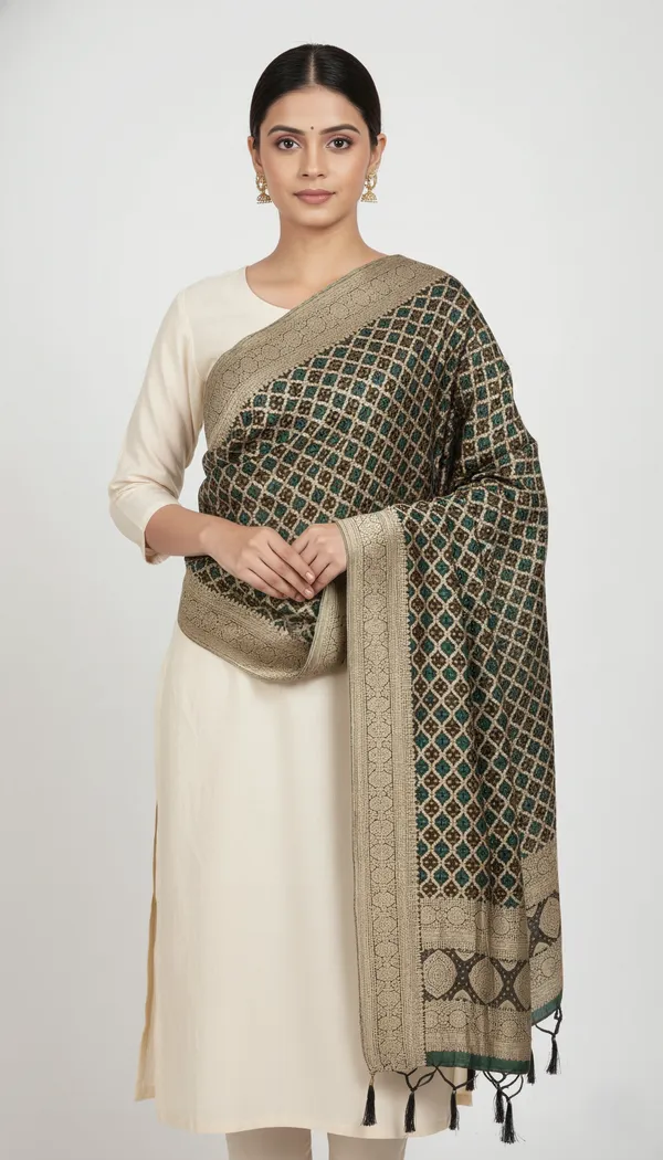 Green_Beige_Banarasi_Khaddi_Geometric_Dupatta_For_Women