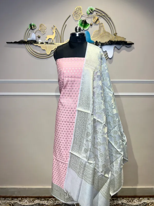 White_Jacquard_Suit_With_Pink_Blouse_Piece_For_Women