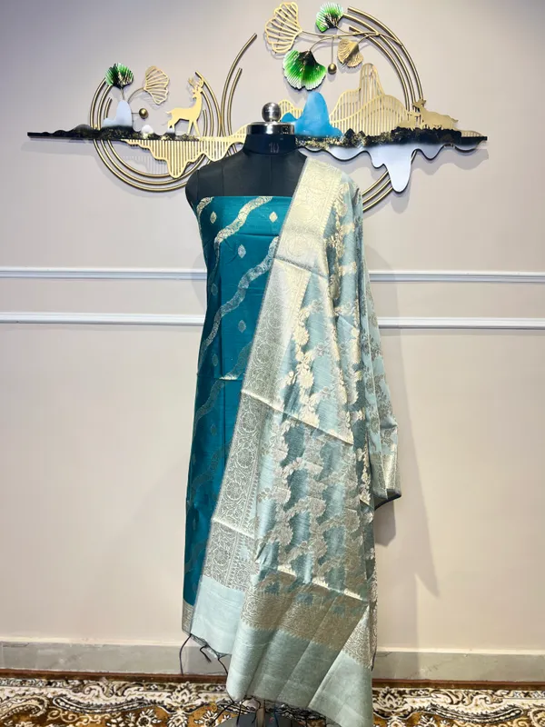 Teal_Blue_Jacquard_Floral_Suit_for_Women