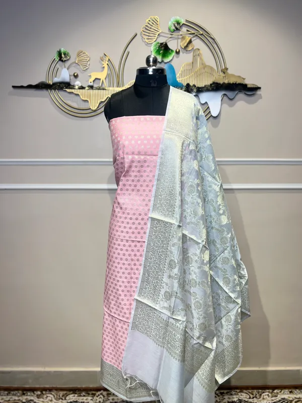 White_Jacquard_Suit_With_Pink_Blouse_Piece_For_Women