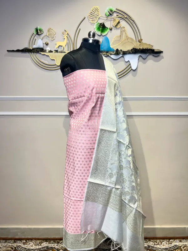 White_Jacquard_Suit_With_Pink_Blouse_Piece_For_Women
