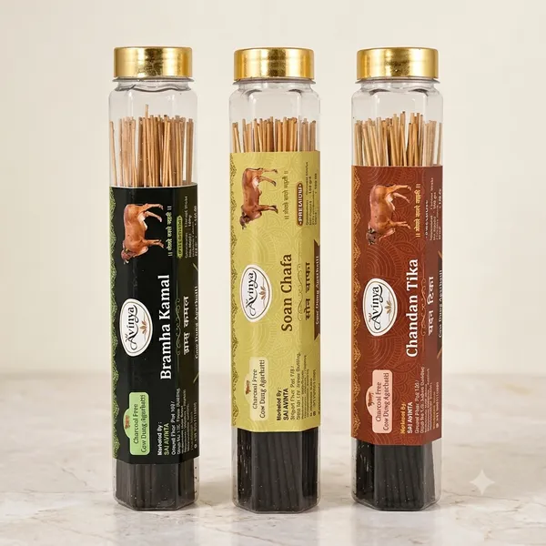 Sai_Avinya_Brahma_Kamal_,Soan_Chafa_&_Chandan_Tika_Cow_Dung_Incense_Sticks_Pack_Of_3