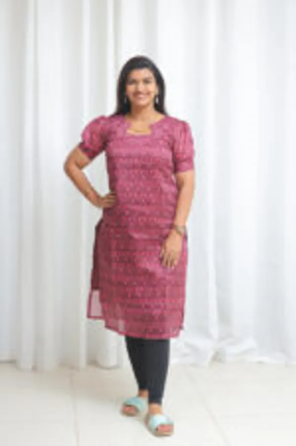 Cherry_Ikat_Puff_Sleeve_Kurti_In_Wine_Red_For_Everyday_Chic