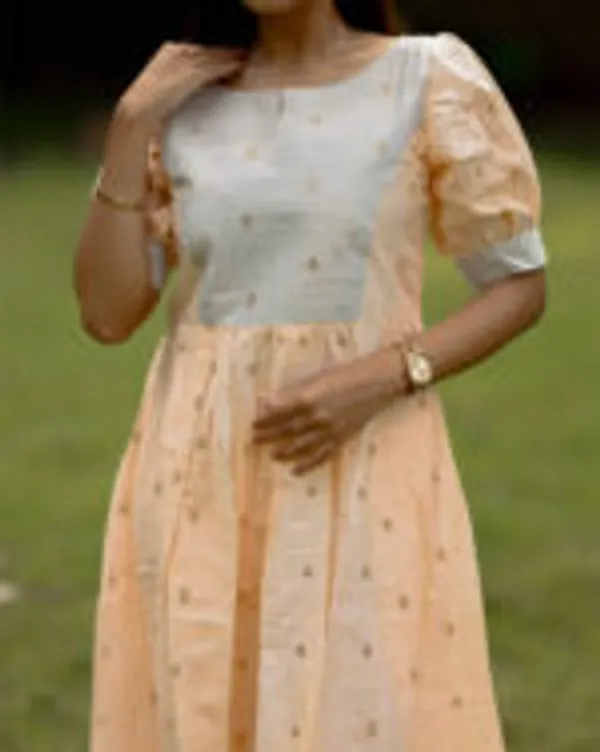 Pastel_Peach_Grey_Dual_Tone_Silk_Cotton_Maxi_Frock_With_Puff_Sleeves_Elegant_Women_S_Wear