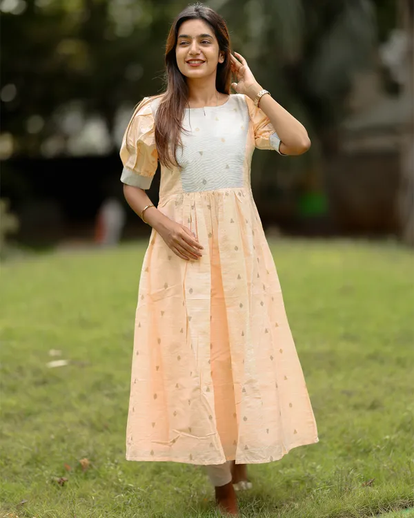 Pastel_Peach_Grey_Dual_Tone_Silk_Cotton_Maxi_Frock_With_Puff_Sleeves_Elegant_Women_S_Wear