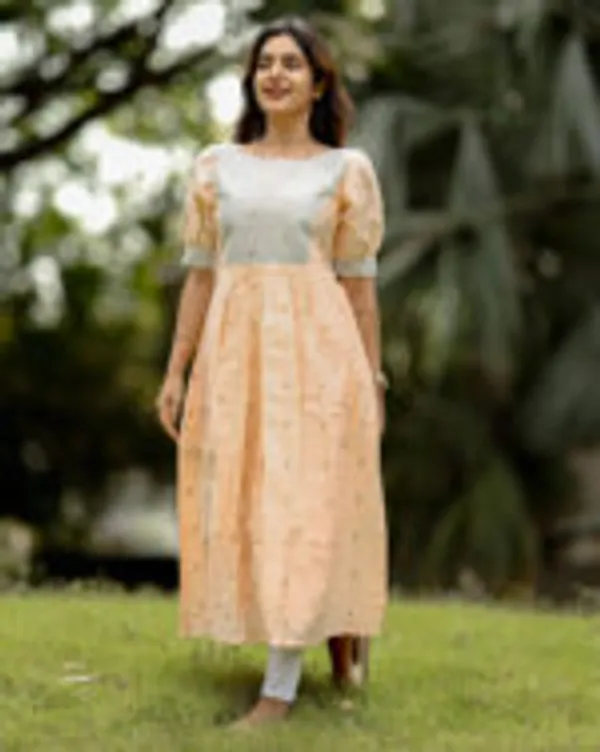 Pastel_Peach_Grey_Dual_Tone_Silk_Cotton_Maxi_Frock_With_Puff_Sleeves_Elegant_Women_S_Wear