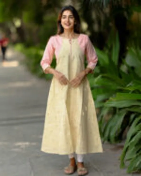 Pastel_Beige_Pink_Silk_Cotton_Maxi_Frock_With_Golden_Woven_Motifs_Elegant_Women_S_Wear