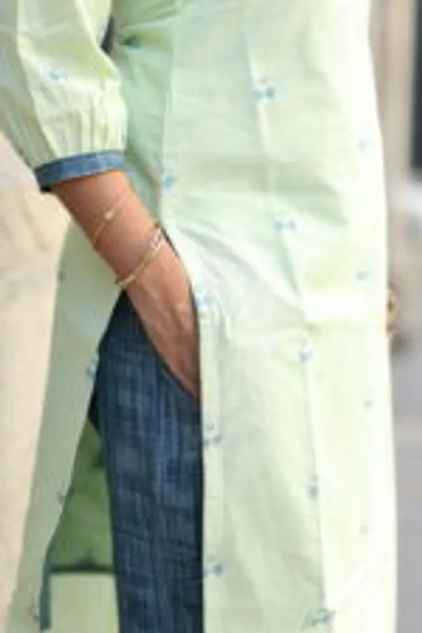 Pastel_Green_Pin_Tucked_Cotton_Kurti_With_Blue_Contrast_Pants_Elegant_Everyday_Wear