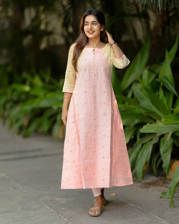 Pastel_Pink_Beige_Silk_Cotton_Maxi_Frock_With_Golden_Woven_Motifs_Elegant_Women_S_Wear