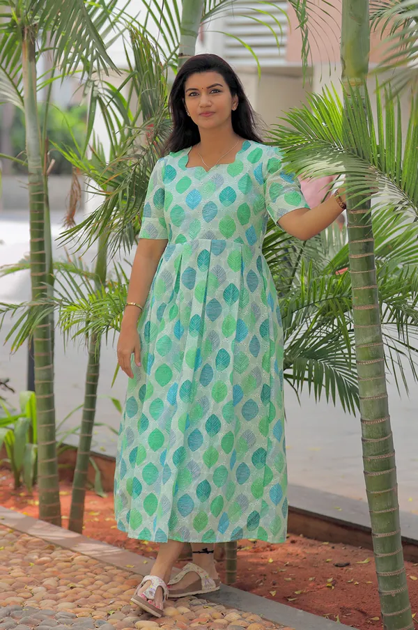 Leafy_Charm_Hakoba_Cotton_Maxi_Frock_In_Soothing_Greens