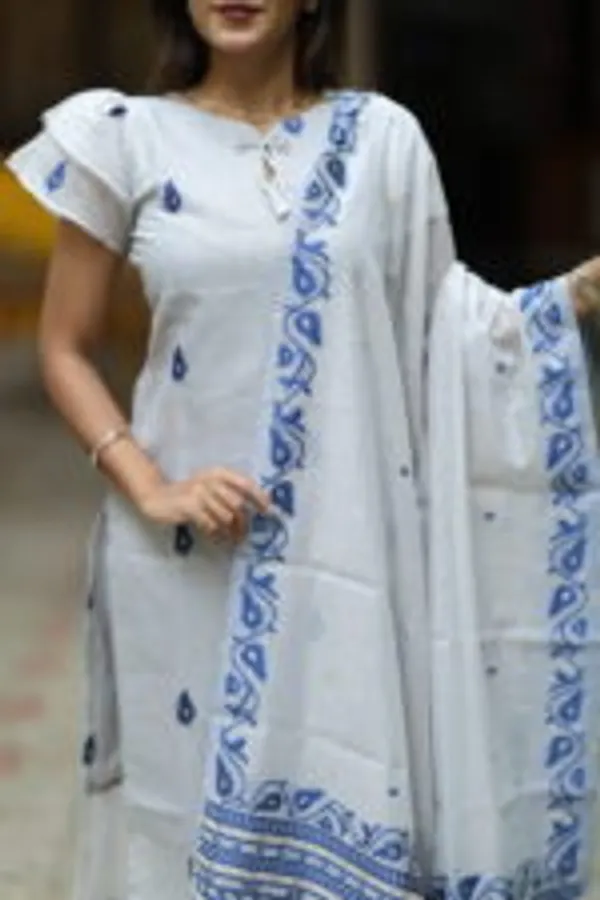 White_Indigo_Handblock_Print_Kurti_With_Dupatta_Minimal_Elegant_Ethnic_Wear