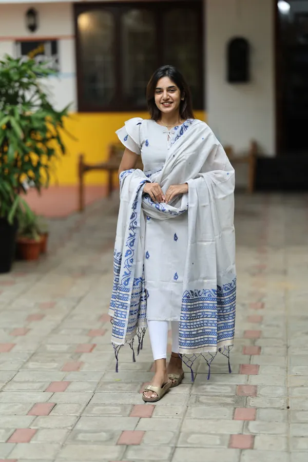 White_Indigo_Handblock_Print_Kurti_With_Dupatta_Minimal_Elegant_Ethnic_Wear