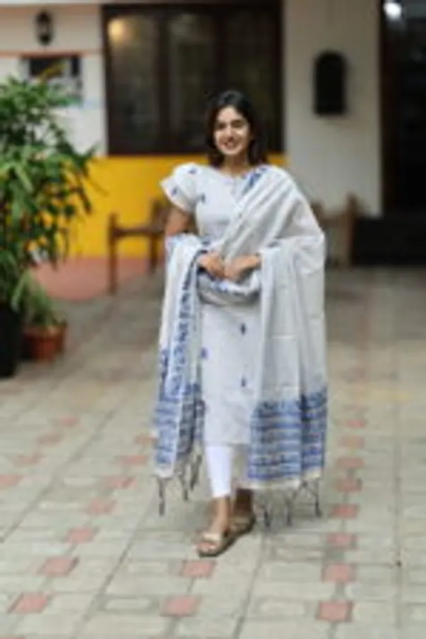 White_Indigo_Handblock_Print_Kurti_With_Dupatta_Minimal_Elegant_Ethnic_Wear