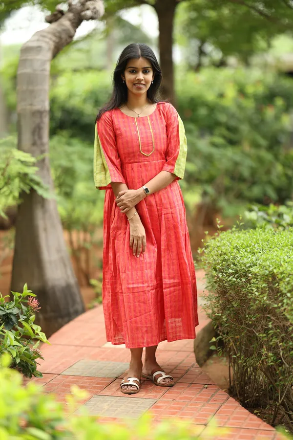 Red_Silk_Maxi_Frock_With_Green_Contrast_Sleeves_Elegant_Festive_Wear