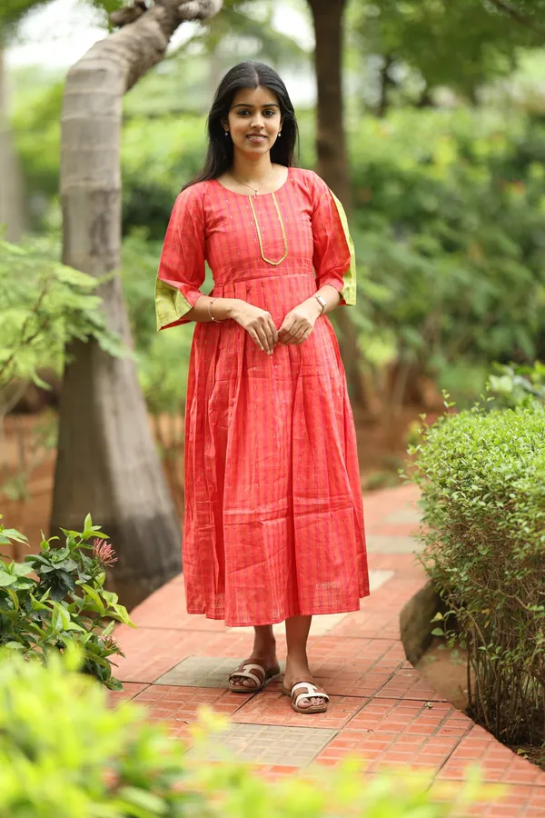Red_Silk_Maxi_Frock_With_Green_Contrast_Sleeves_Elegant_Festive_Wear