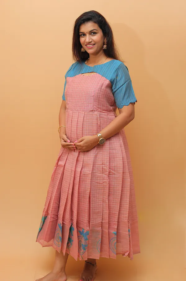 Pink_Blue_Lotus_Embroidered_Silk_Cotton_Maternity_Gown