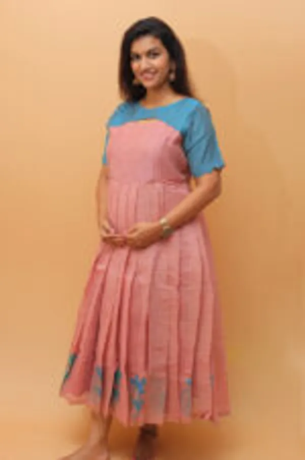 Pink_Blue_Lotus_Embroidered_Silk_Cotton_Maternity_Gown