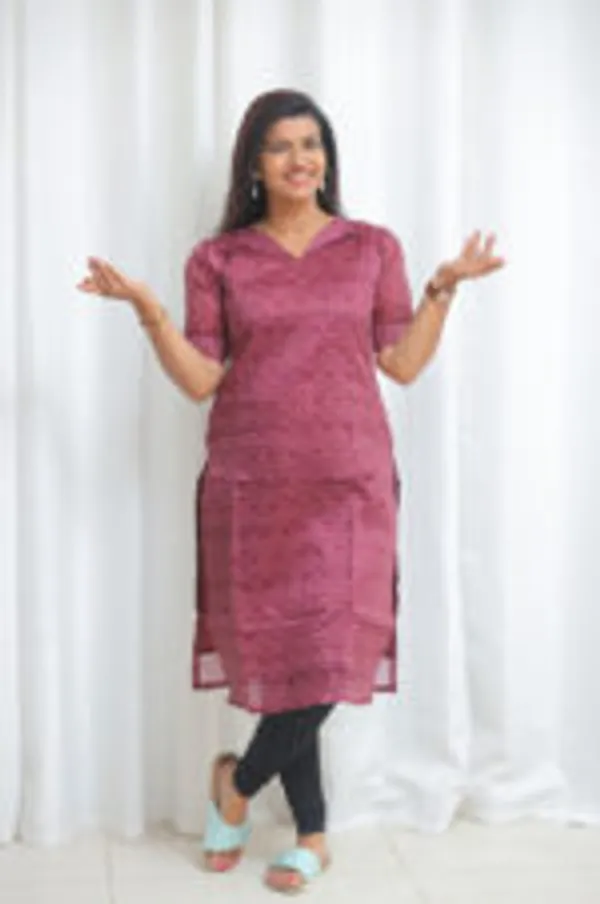 Wine_Printed_Kurti_With_Puff_Sleeves_Soft_Shine