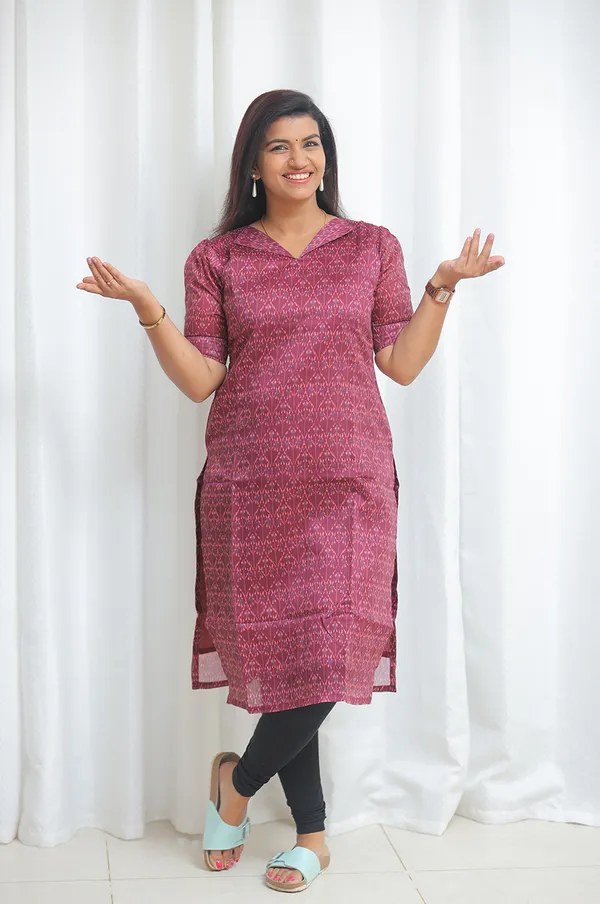 Wine_Printed_Kurti_With_Puff_Sleeves_Soft_Shine