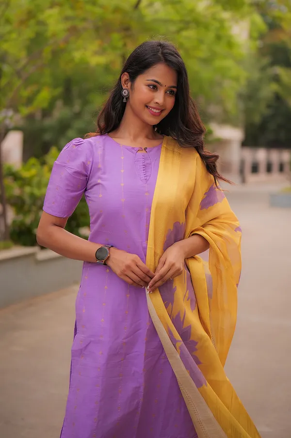 Lavender_Dusk_Slub_Silk_Kurti_Set_With_Mustard_Dupatta