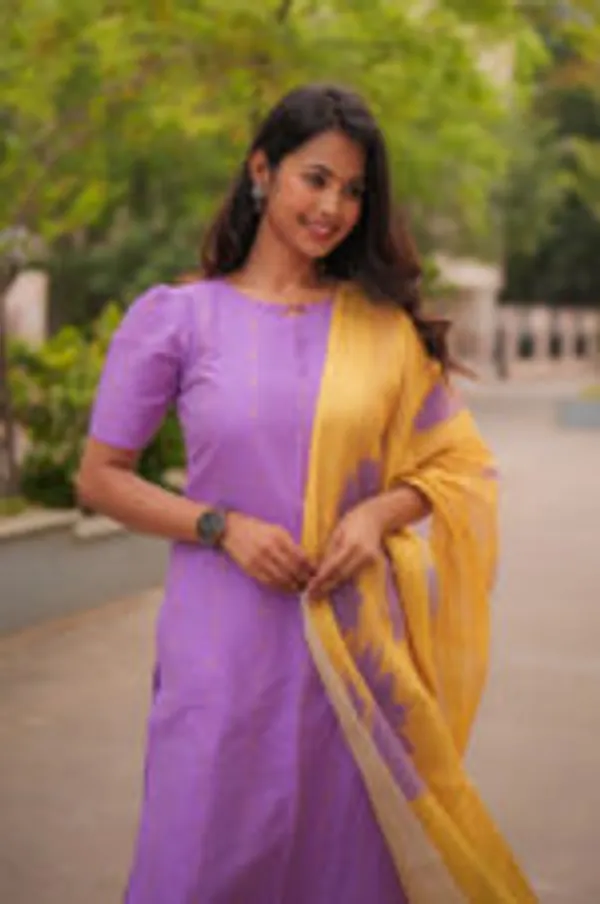 Lavender_Dusk_Slub_Silk_Kurti_Set_With_Mustard_Dupatta