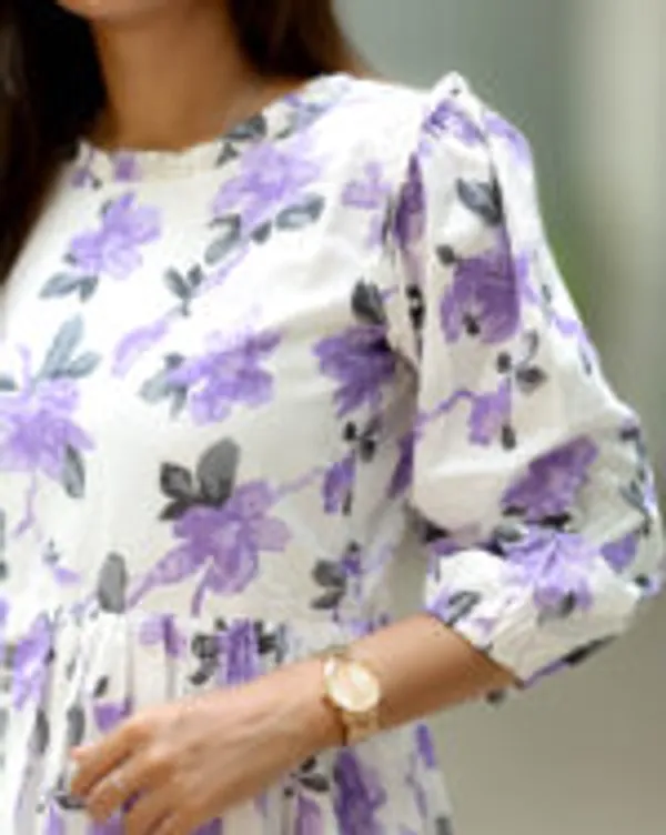 White_Lavender_Floral_Cotton_Maxi_Frock_Elegant_Casual_Wear