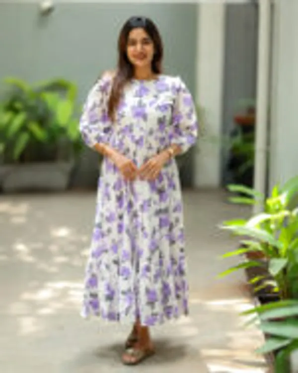 White_Lavender_Floral_Cotton_Maxi_Frock_Elegant_Casual_Wear