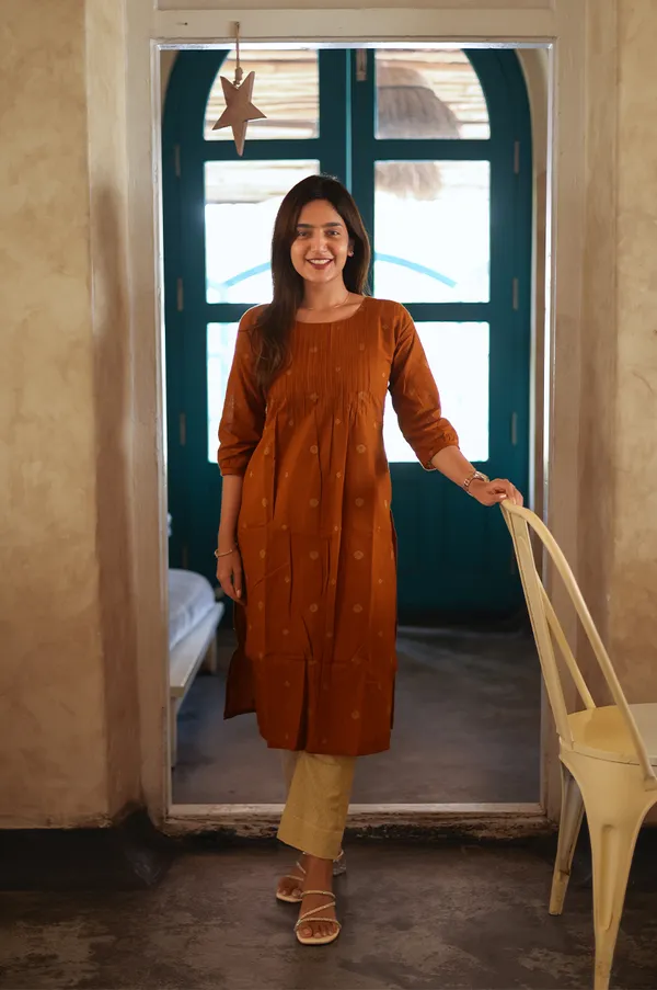 Rust_Brown_Cotton_Kurti_With_Printed_Pant_Set_Elegant_Everyday_Ethnic_Wear
