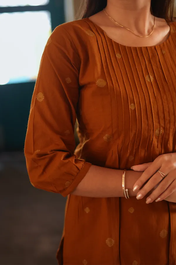 Rust_Brown_Cotton_Kurti_With_Printed_Pant_Set_Elegant_Everyday_Ethnic_Wear