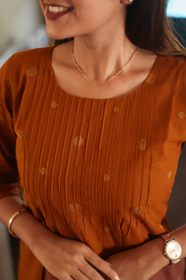 Rust_Brown_Cotton_Kurti_With_Printed_Pant_Set_Elegant_Everyday_Ethnic_Wear