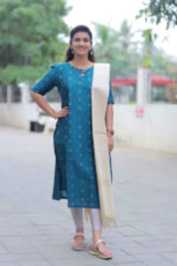 Teal_Blue_Cottonsilk_Butta_Kurti_With_Dupatta_Elegant_Everyday_Ethnic_Wear