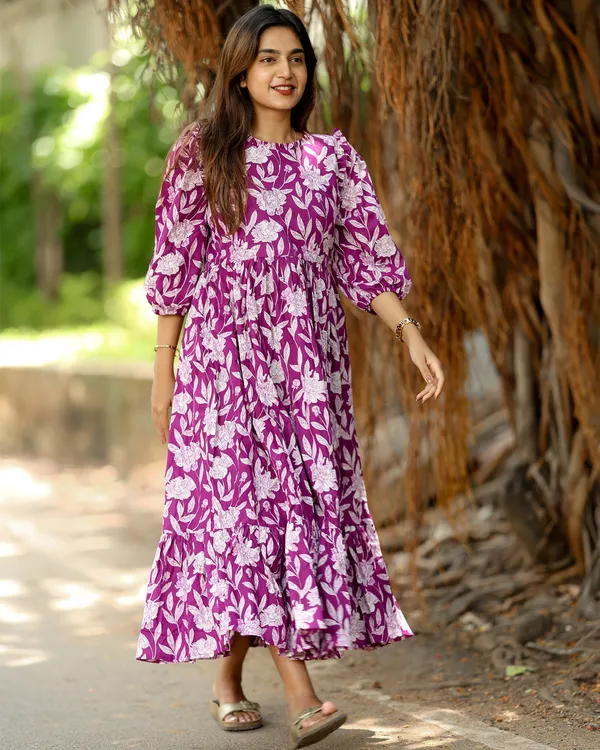 Purple_Floral_Cotton_Maxi_Frock_Elegant_Casual_Wear