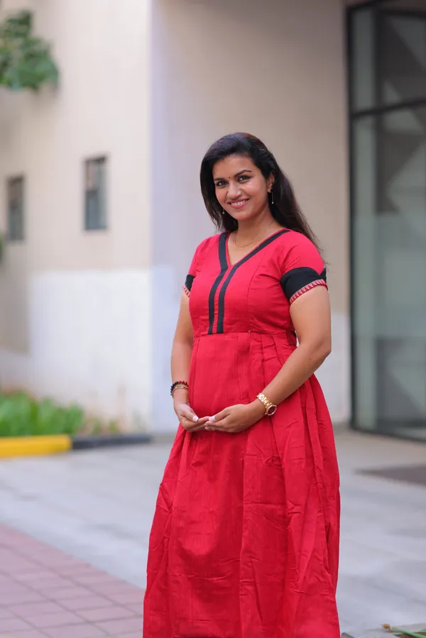 Red_Slub_Silk_Maternity_Maxi_Dress_With_Black_Border_Embroidered_Hem_Elegant_Festive_Wear