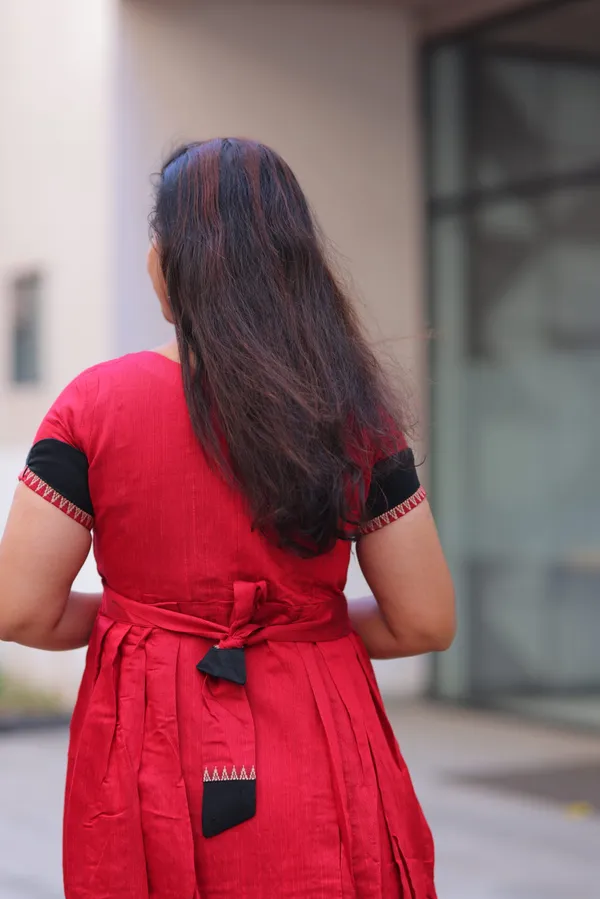 Red_Slub_Silk_Maternity_Maxi_Dress_With_Black_Border_Embroidered_Hem_Elegant_Festive_Wear