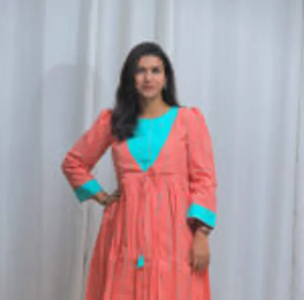 Peach_Pop_South_Cotton_Flared_Kurti_With_Aqua_Yoke