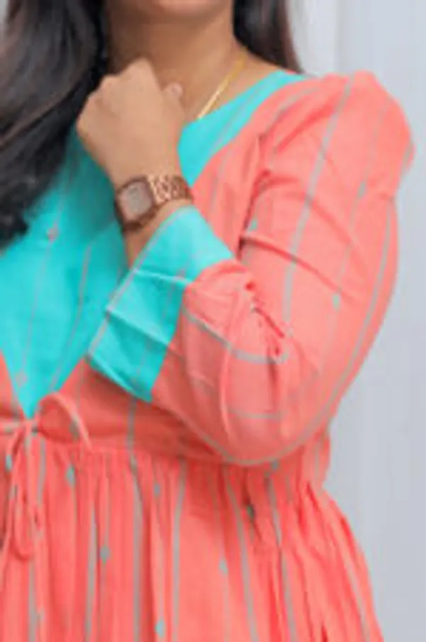 Peach_Pop_South_Cotton_Flared_Kurti_With_Aqua_Yoke