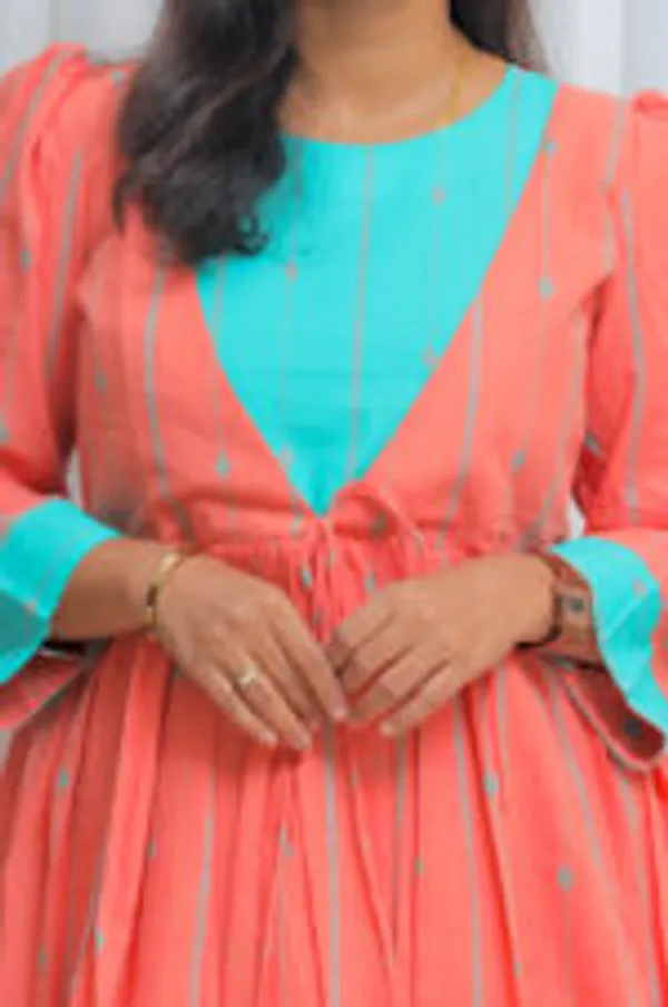 Peach_Pop_South_Cotton_Flared_Kurti_With_Aqua_Yoke