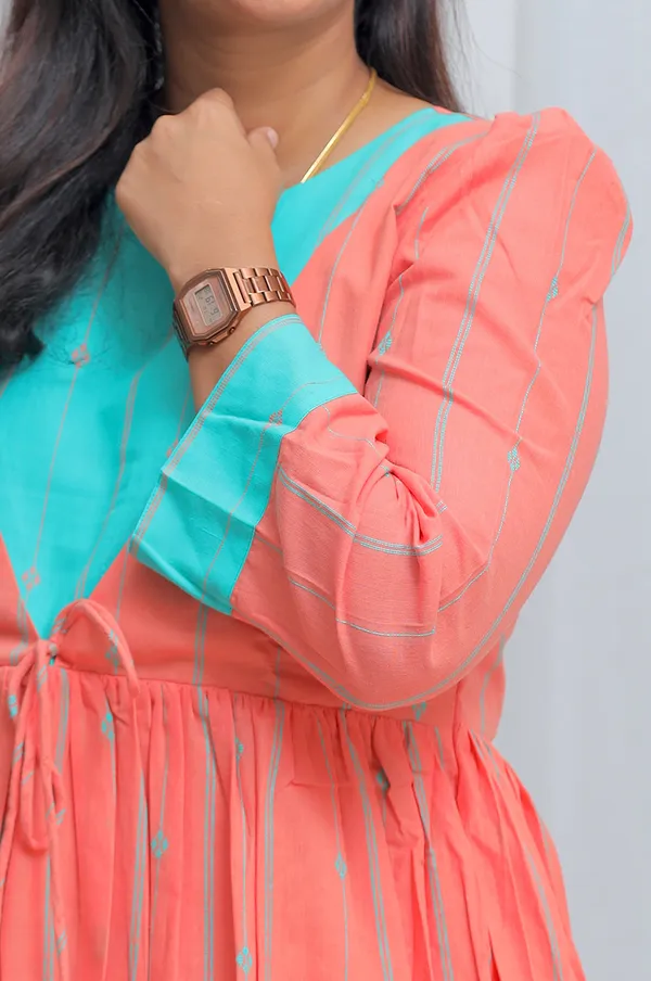 Peach_Pop_South_Cotton_Flared_Kurti_With_Aqua_Yoke