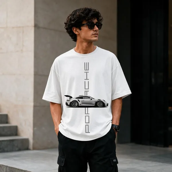 White_French_Terry_Cotton_Oversized_Car_Graphic_T-Shirt_For_Men