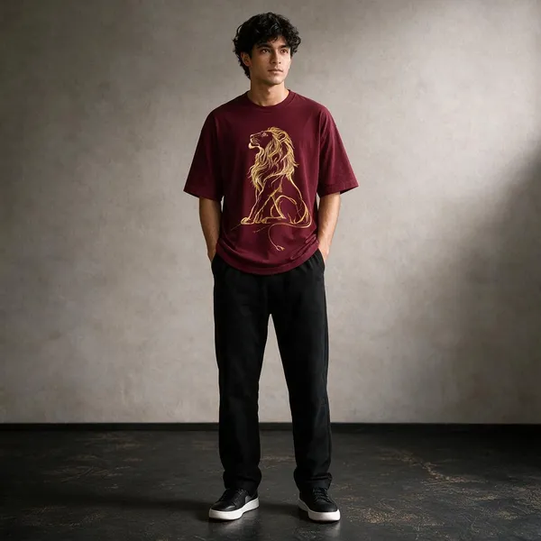 Maroon_French_Terry_Cotton_Oversized_Lion_Graphic_T-Shirt_For_Men