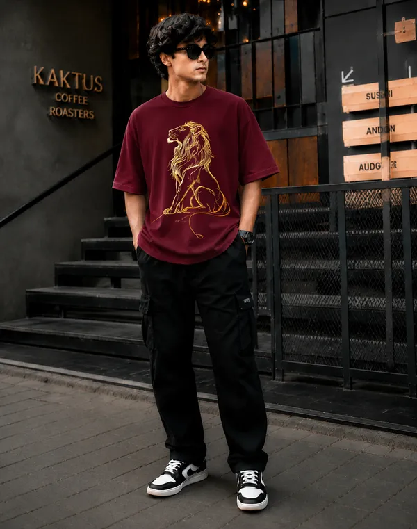 Maroon_French_Terry_Cotton_Oversized_Lion_Graphic_T-Shirt_For_Men