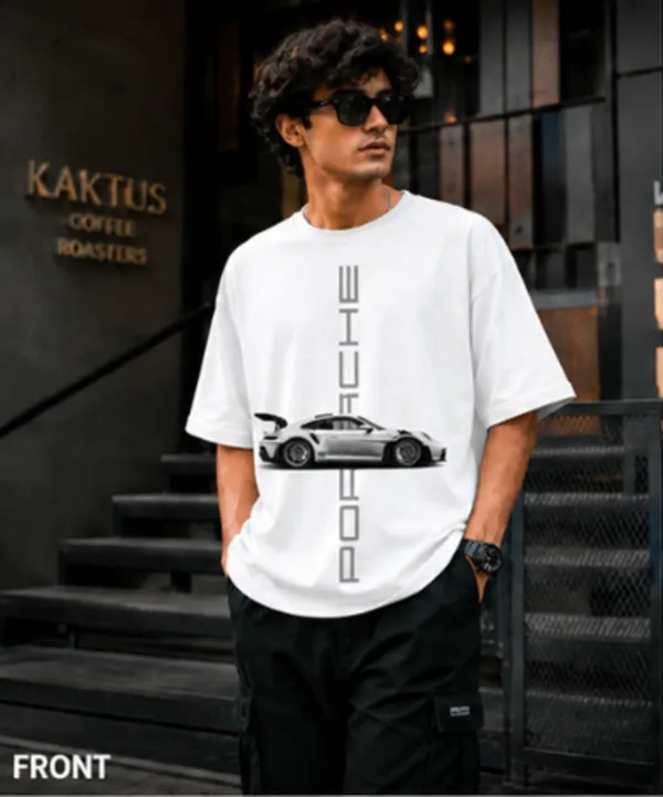 White_French_Terry_Cotton_Oversized_Car_Graphic_T-Shirt_For_Men