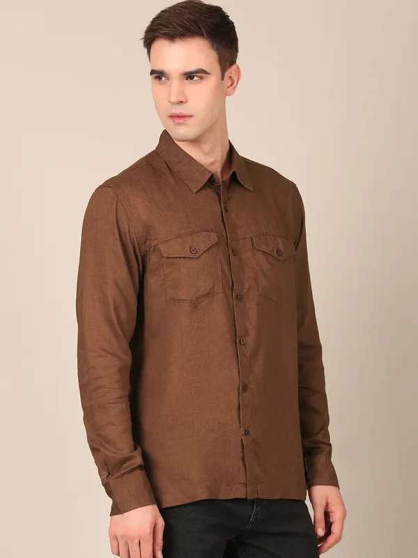 Men’s_Walnut_Brown_Double-Pocket_Regular_Fit_Cotton-Linen_Shirt