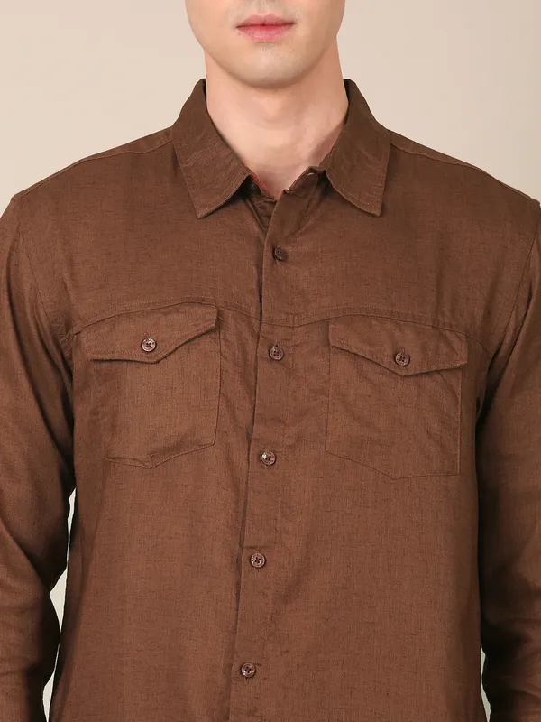 Men’s_Walnut_Brown_Double-Pocket_Regular_Fit_Cotton-Linen_Shirt