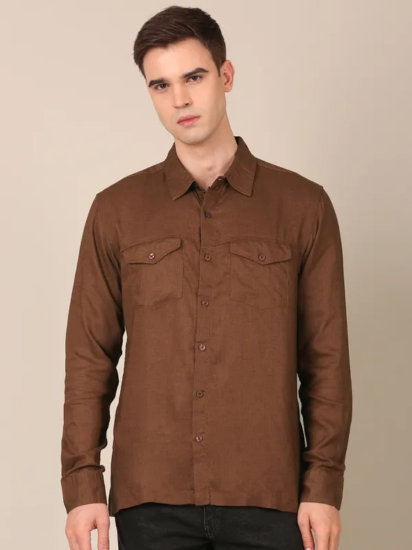 Men’s_Walnut_Brown_Double-Pocket_Regular_Fit_Cotton-Linen_Shirt