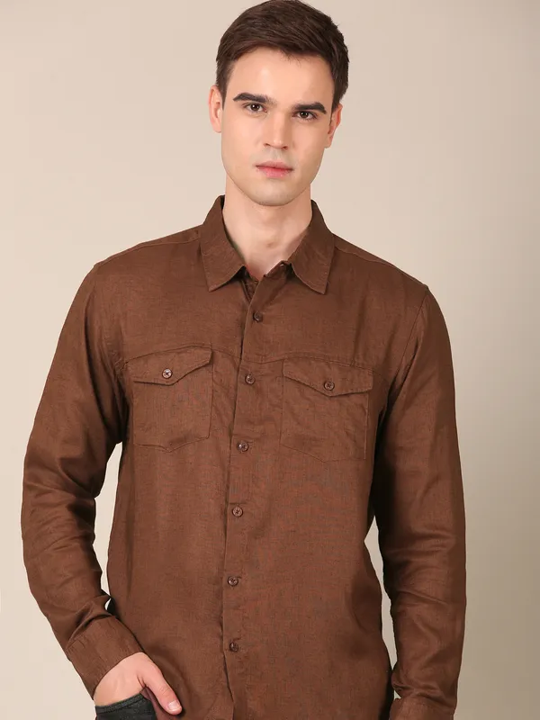 Men’s_Walnut_Brown_Double-Pocket_Regular_Fit_Cotton-Linen_Shirt
