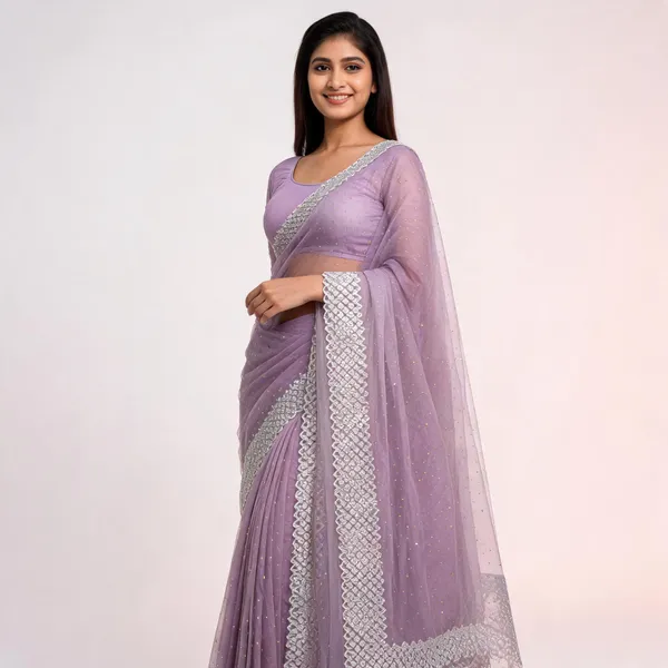Lavender_Net_Embellished_Silver_Border_Saree_For_Women